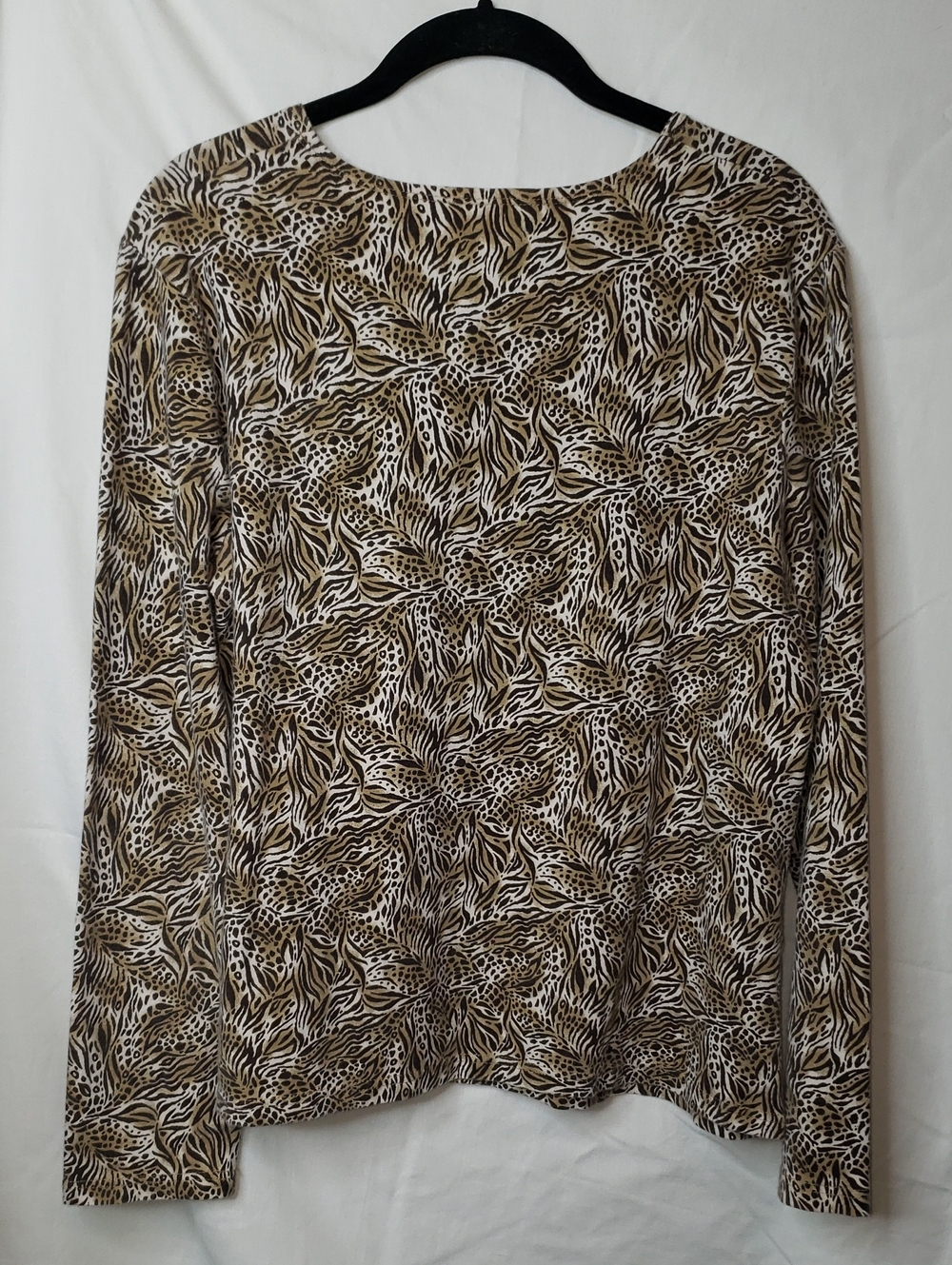 Kim Rogers Brown and Cream Leaf-Print Crew Neck Top Large L